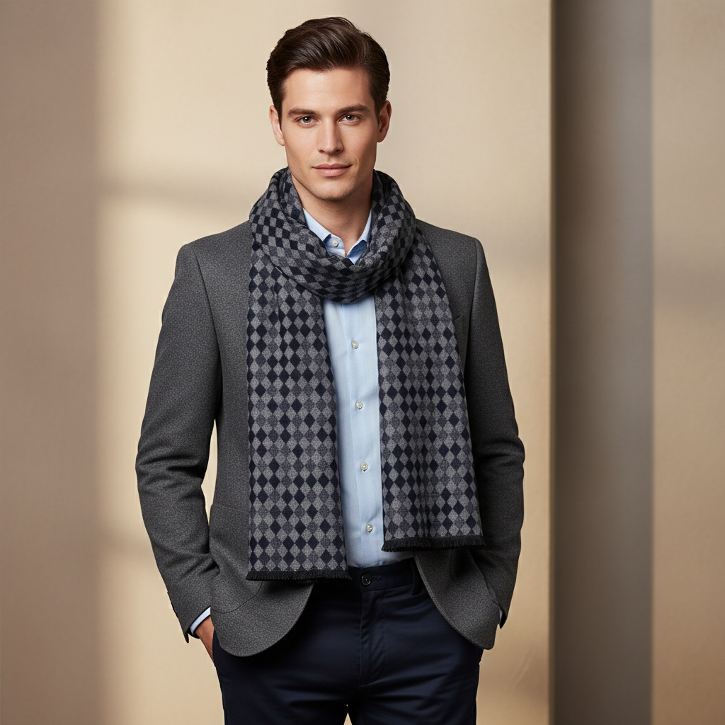 Diamond Pattern Scarf For Men Grey Navy
