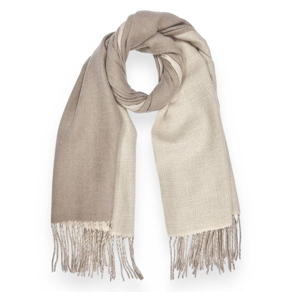 Two Tone Oatmeal Beige Cashmere Blend Tassel Scarf