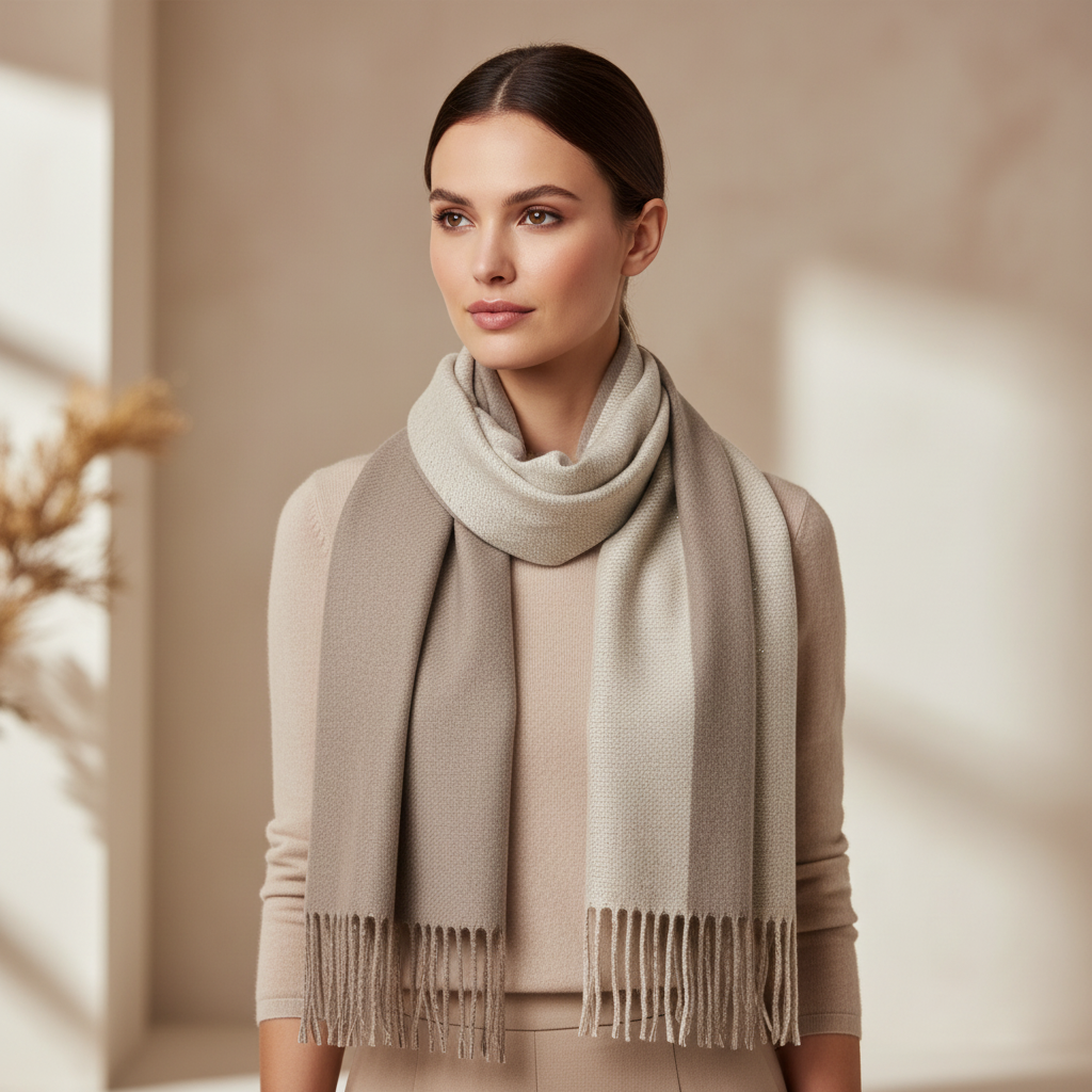 Two Tone Oatmeal Beige Cashmere Blend Tassel Scarf