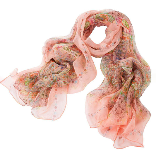 Eastern Floral Coral Green Print Chiffon Scarf - SKRF