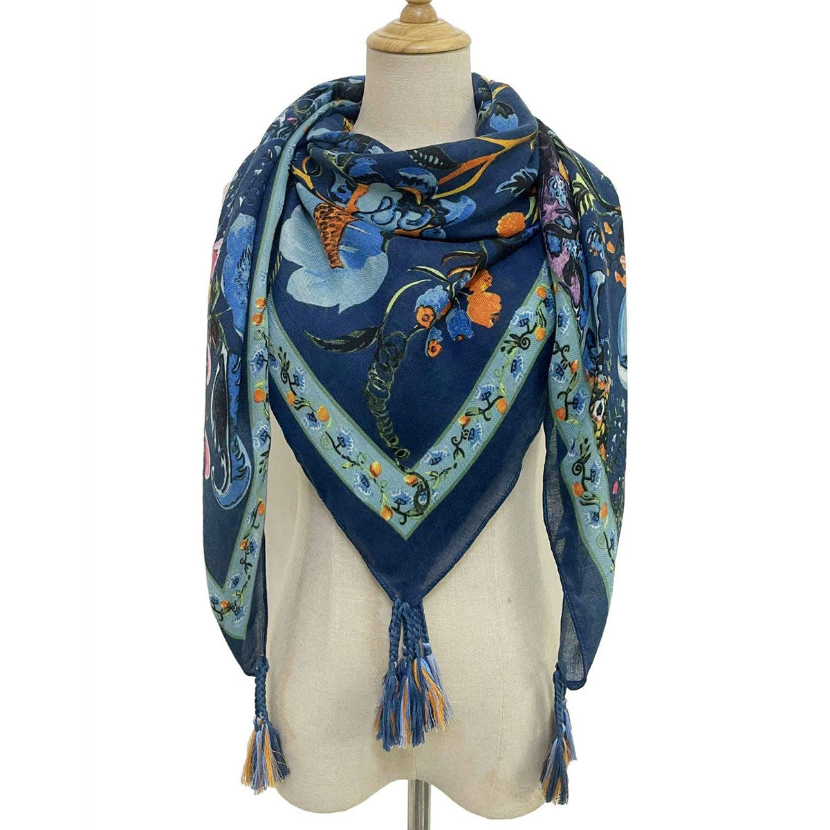 Enchanting Floral Print Square Tassel Scarf Navy Blue - SKRF