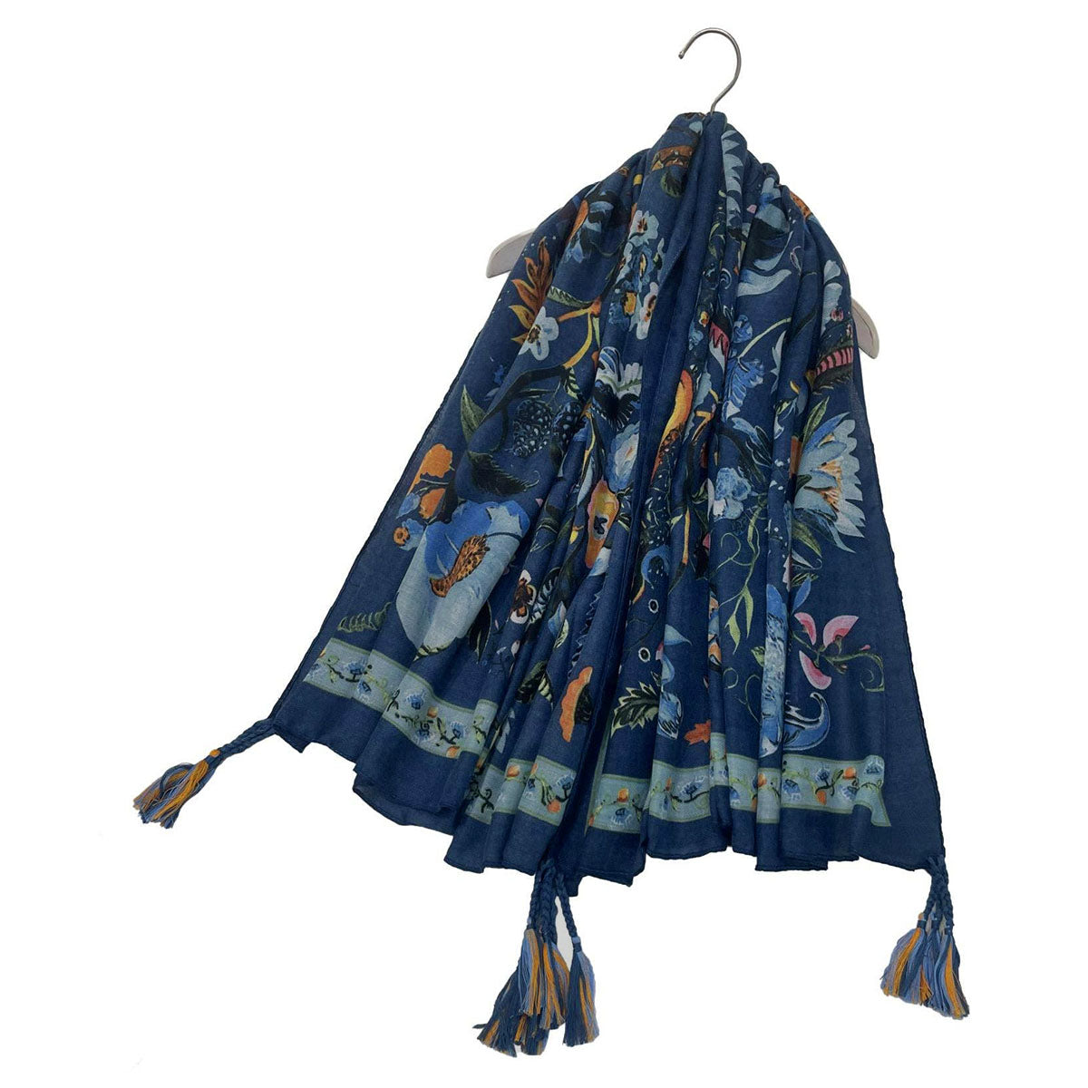 Enchanting Floral Print Square Tassel Scarf Navy Blue - SKRF