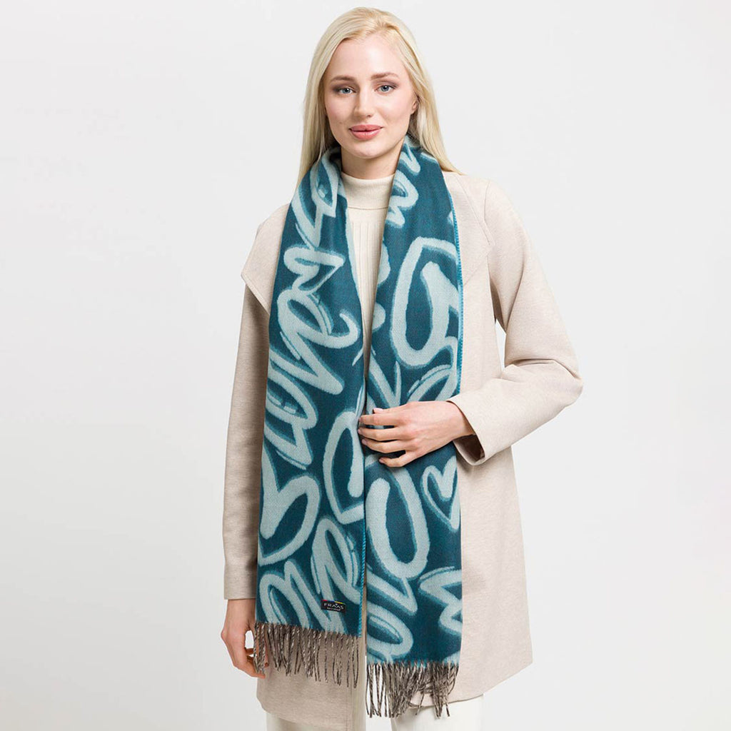 Fraas Scarf Cashmink Love Heart Pattern Teal 625354 690 - SKRF