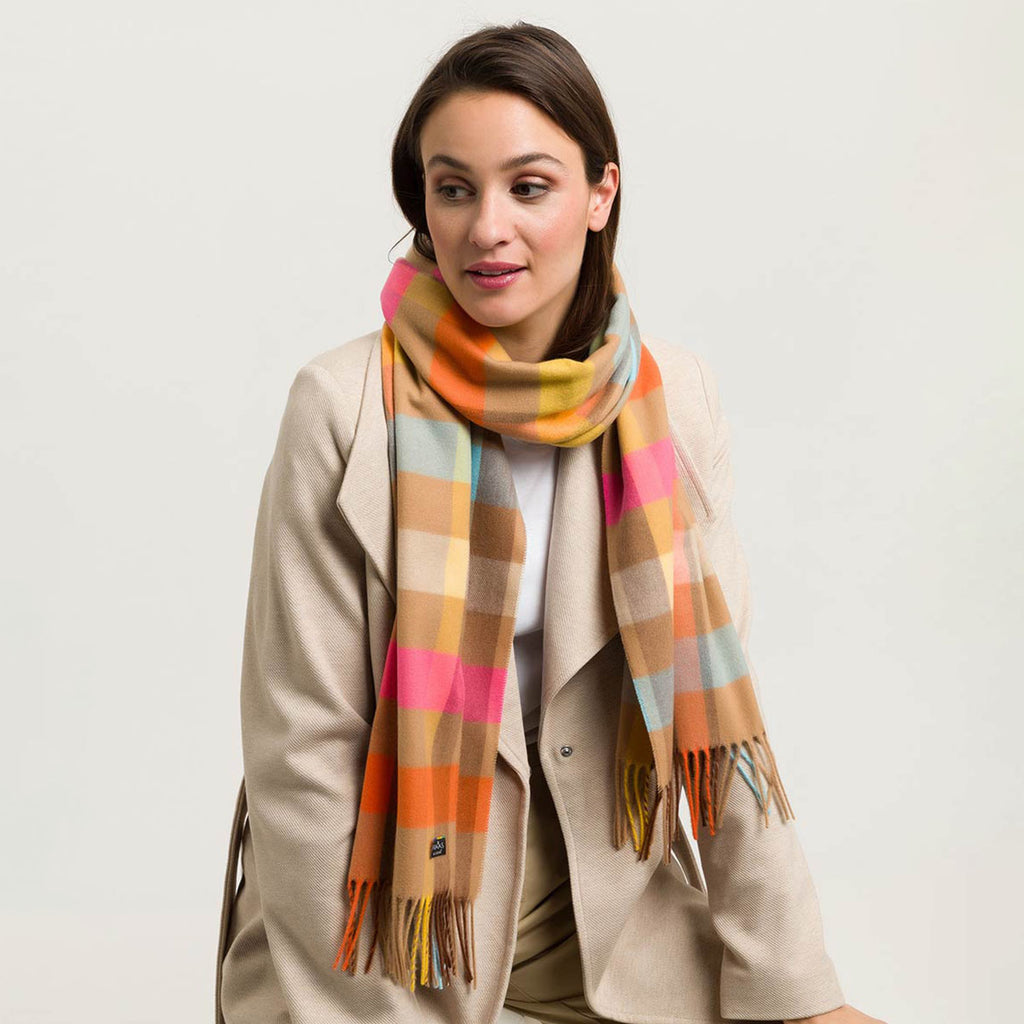 Fraas Scarf Cashmink Small Check Camel Hot Pink 625360 180 - SKRF