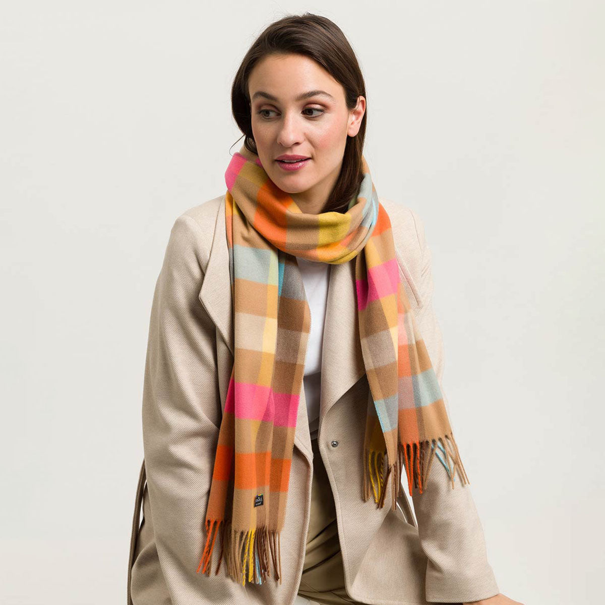 Fraas Scarf Cashmink Small Check Camel Hot Pink 625360 180 - SKRF