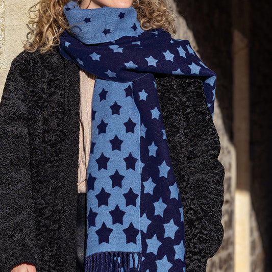 Fringed Scarf Navy Mix Graduated Star - SKRF