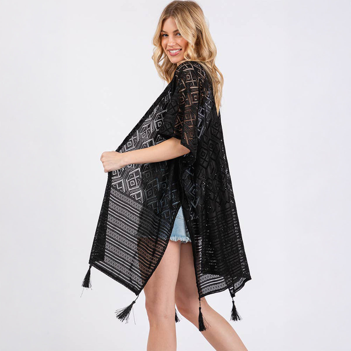 Geometric Pattern Cover Up With Tassels Black - SKRF