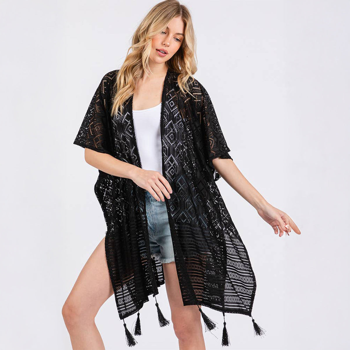 Geometric Pattern Cover Up With Tassels Black - SKRF
