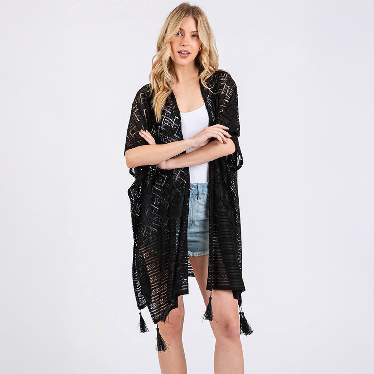 Geometric Pattern Cover Up With Tassels Black - SKRF