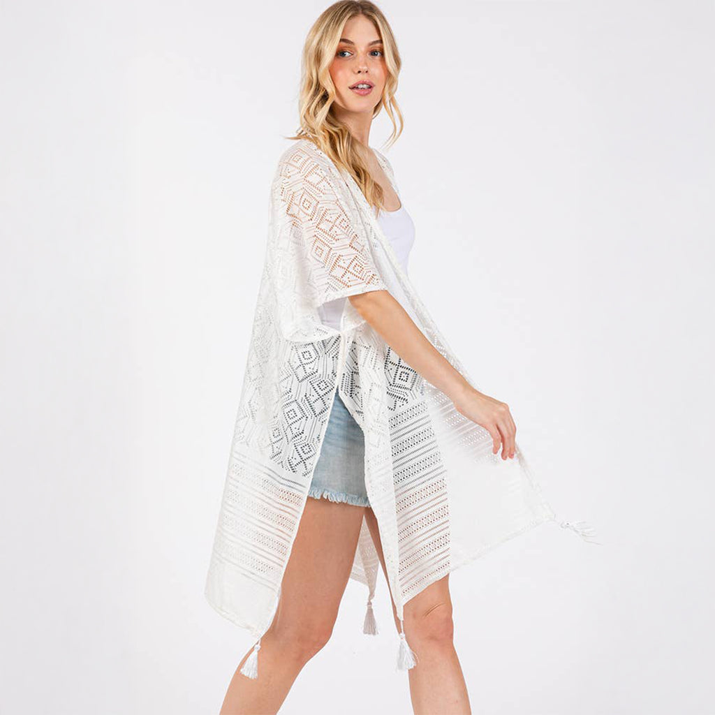 Geometric Pattern Cover Up With Tassels White - SKRF