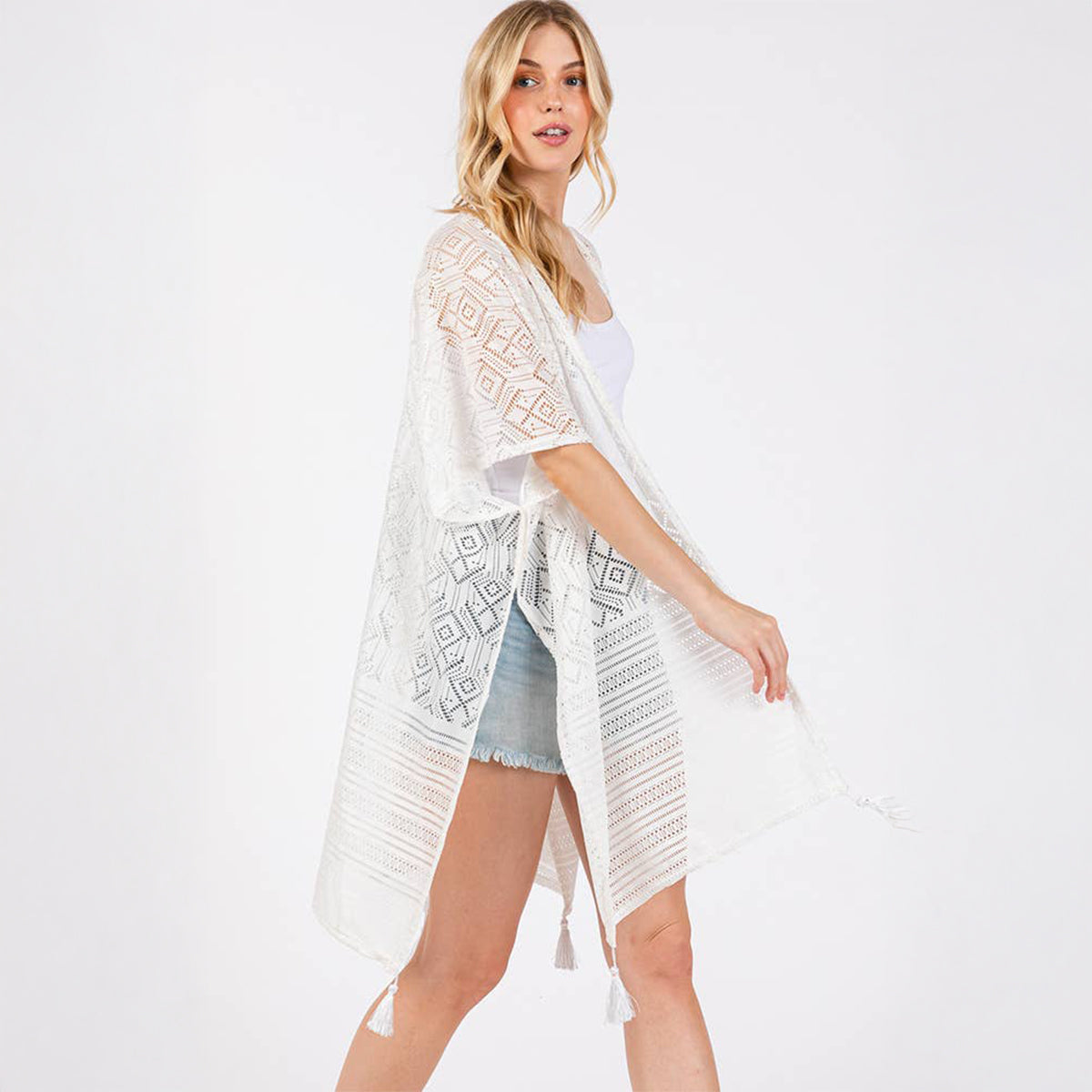 Geometric Pattern Cover Up With Tassels White - SKRF