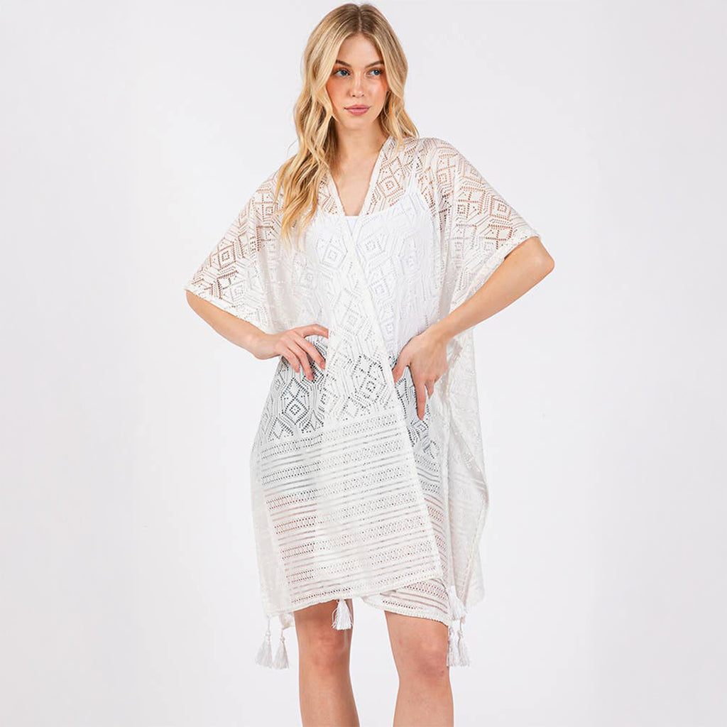 Geometric Pattern Cover Up With Tassels White - SKRF