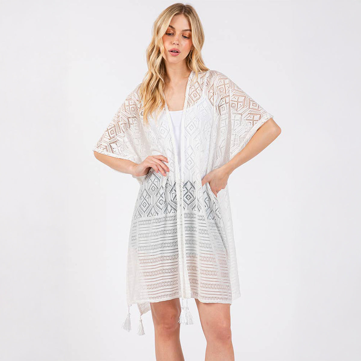 Geometric Pattern Cover Up With Tassels White - SKRF