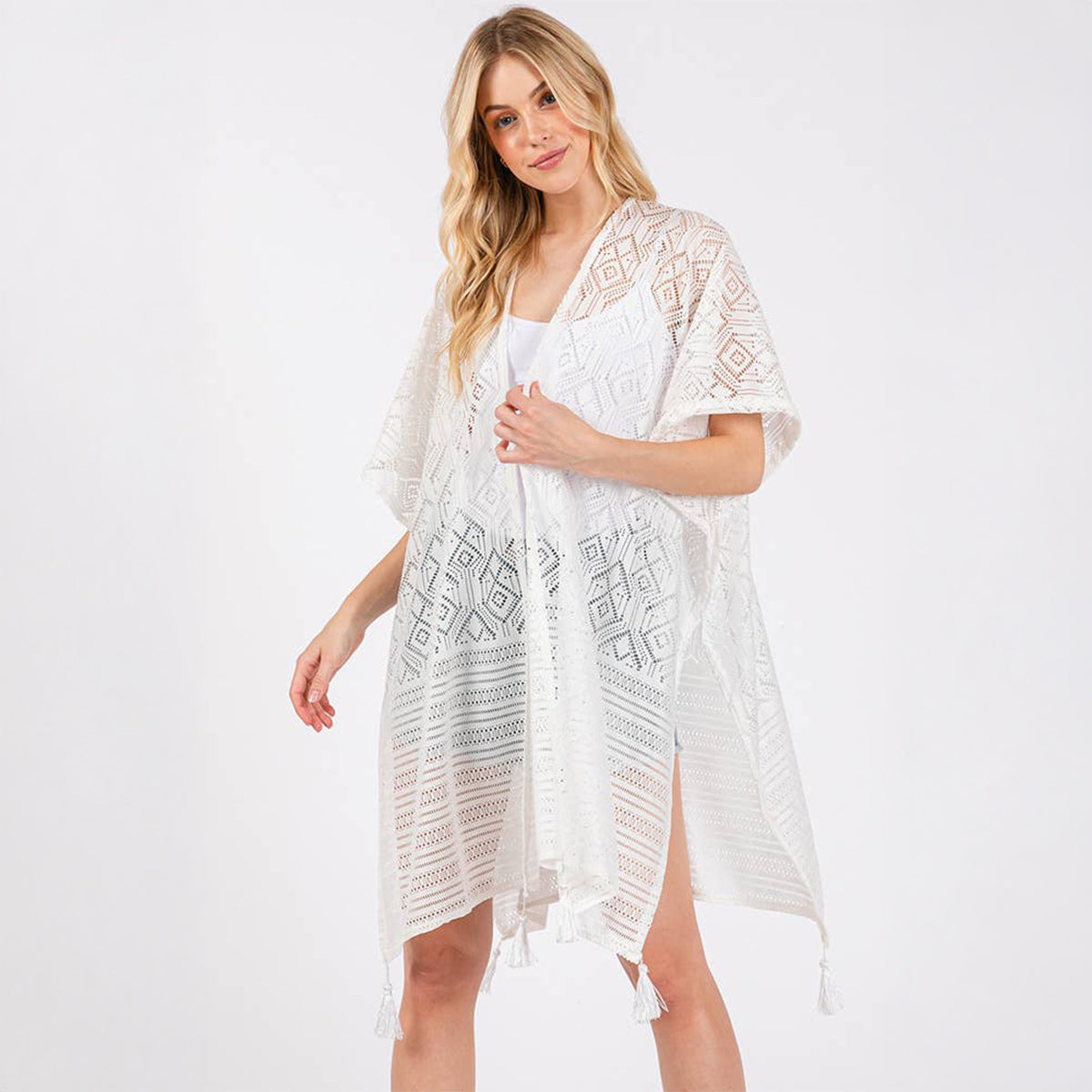 Geometric Pattern Cover Up With Tassels White - SKRF