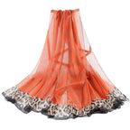 Geometric Print Orange Chiffon Scarf With Animal Print Edge - SKRF