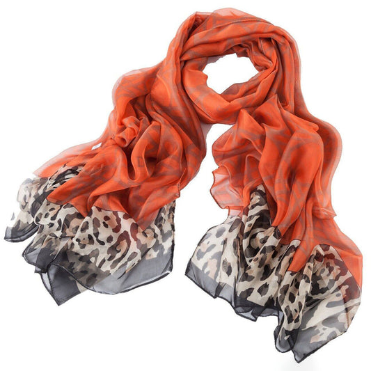 Geometric Print Orange Chiffon Scarf With Animal Print Edge - SKRF