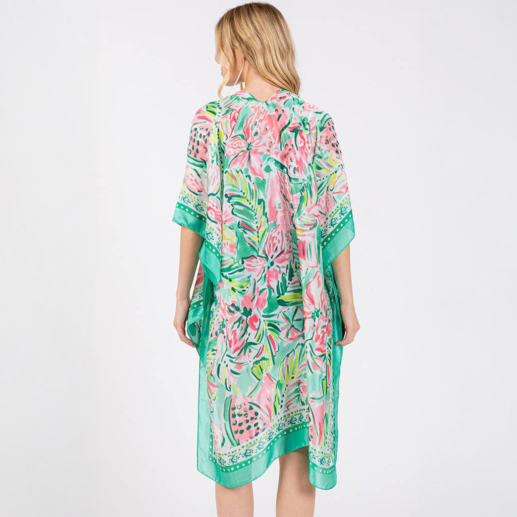 Green Floral Flower Pattern Silky Feel Summer Kimono Coverup - SKRF