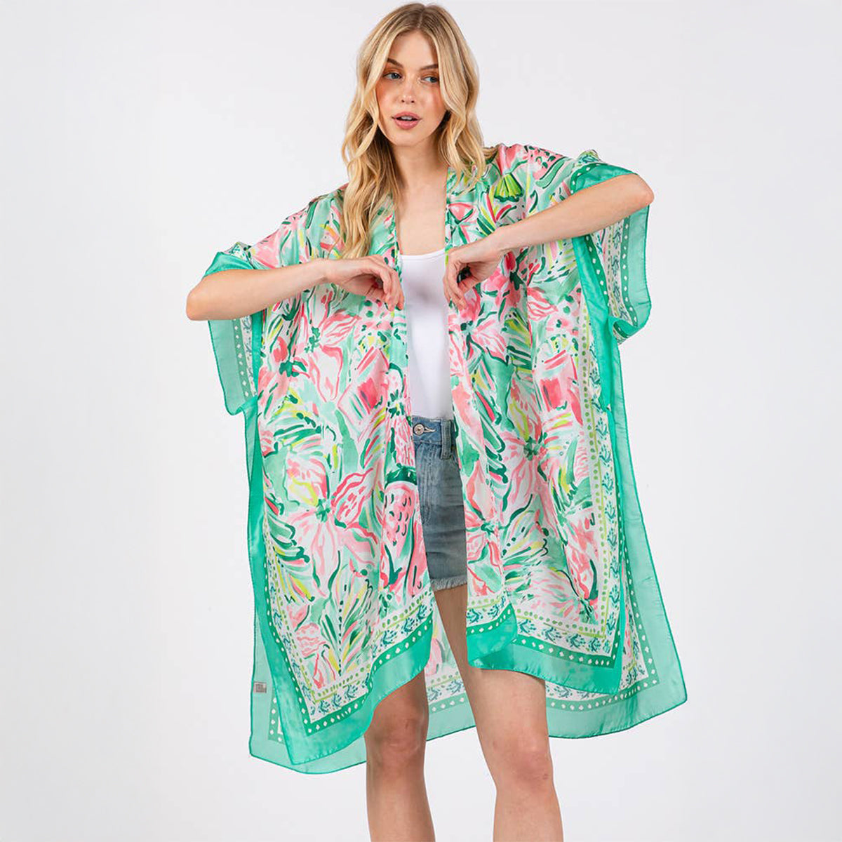 Green Floral Flower Pattern Silky Feel Summer Kimono Coverup - SKRF