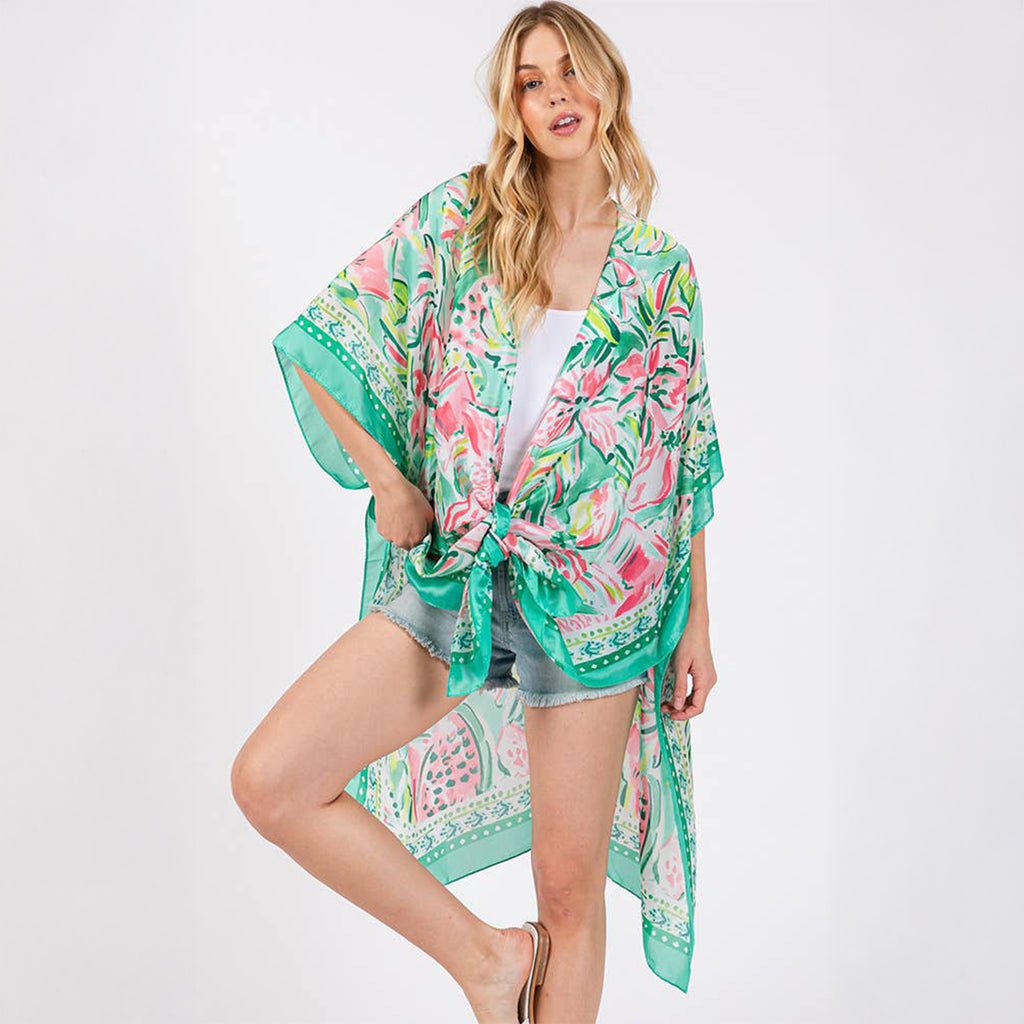 Green Floral Flower Pattern Silky Feel Summer Kimono Coverup - SKRF