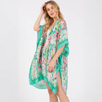 Green Floral Flower Pattern Silky Feel Summer Kimono Coverup - SKRF