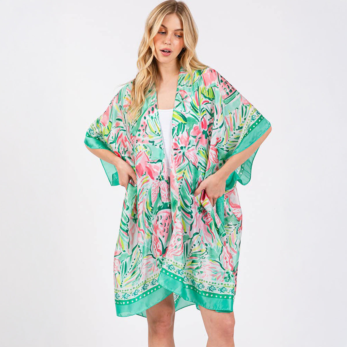 Green Floral Flower Pattern Silky Feel Summer Kimono Coverup - SKRF