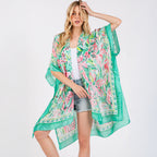 Green Floral Flower Pattern Silky Feel Summer Kimono Coverup - SKRF