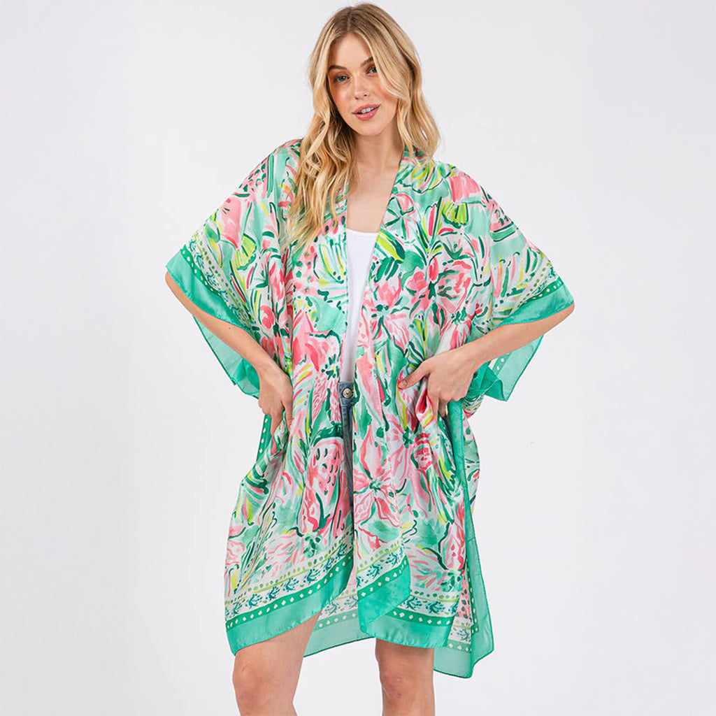 Green Floral Flower Pattern Silky Feel Summer Kimono Coverup - SKRF