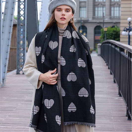 Heart Printed Plaid Tasseled Thick Warm Shawl Scarf - SKRF