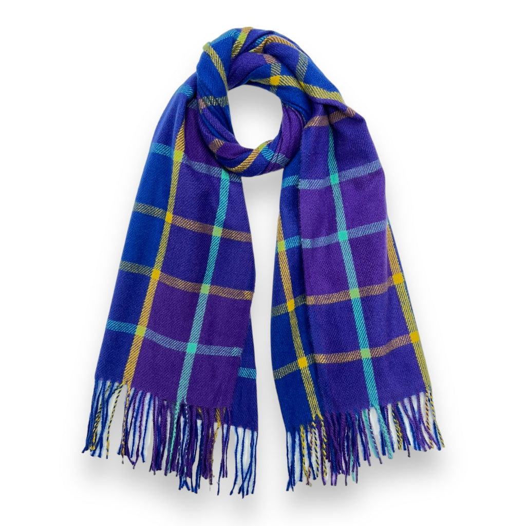 Colourful Royal Blue Check Scarf With Tassels