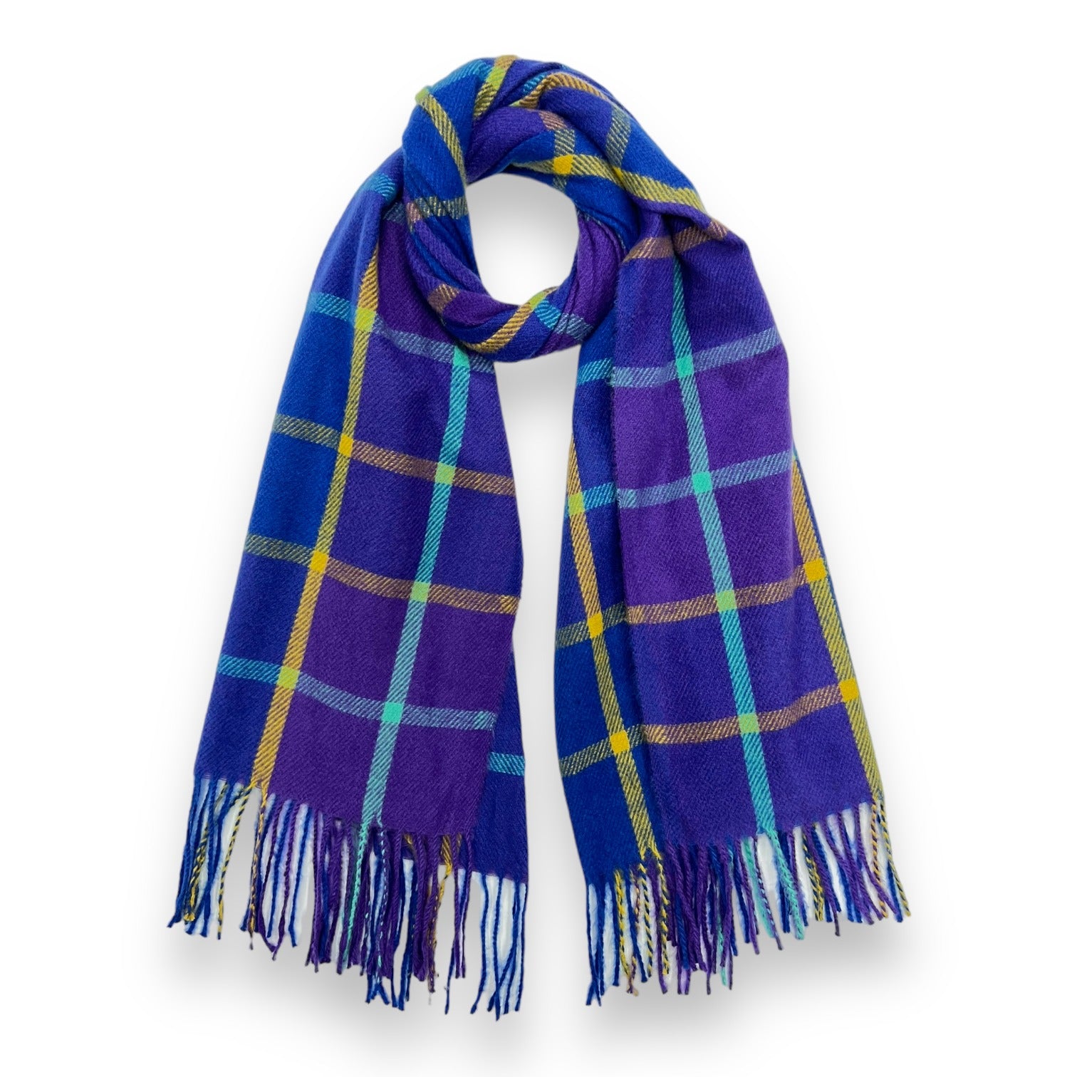Colourful Royal Blue Check Scarf With Tassels