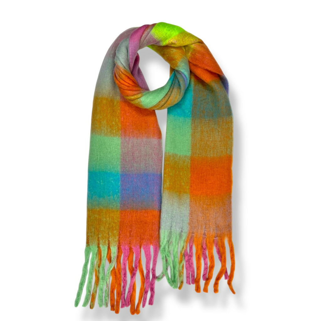 Soft Check Orange Multicolour Winter Scarf With Tassels