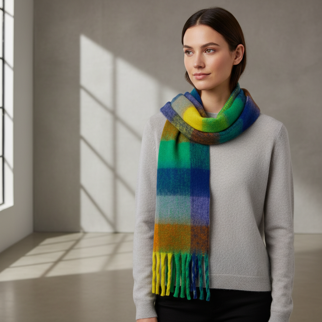 Soft Check Green Multicolour Winter Scarf With Tassels