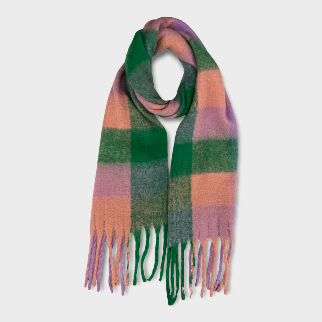 Soft Check Pink Green Multicolour Winter Scarf With Tassels