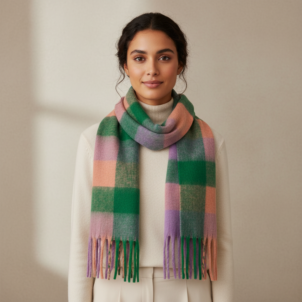 Soft Check Pink Green Multicolour Winter Scarf With Tassels