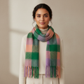 Soft Check Pink Green Multicolour Winter Scarf With Tassels