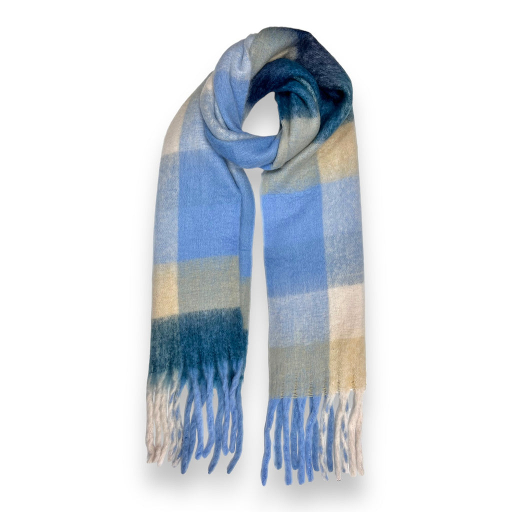 Soft Check Blue Multicolour Winter Scarf With Tassels