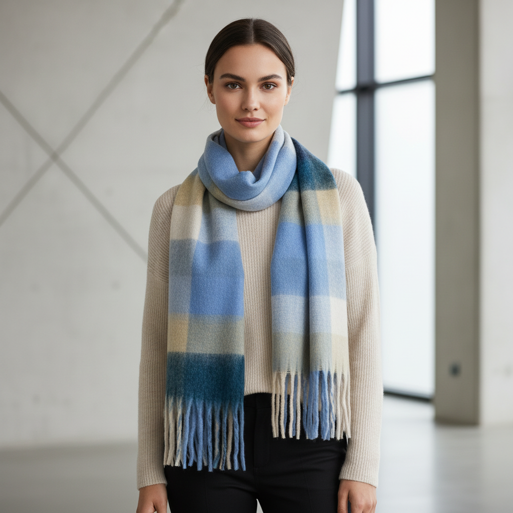 Soft Check Blue Multicolour Winter Scarf With Tassels