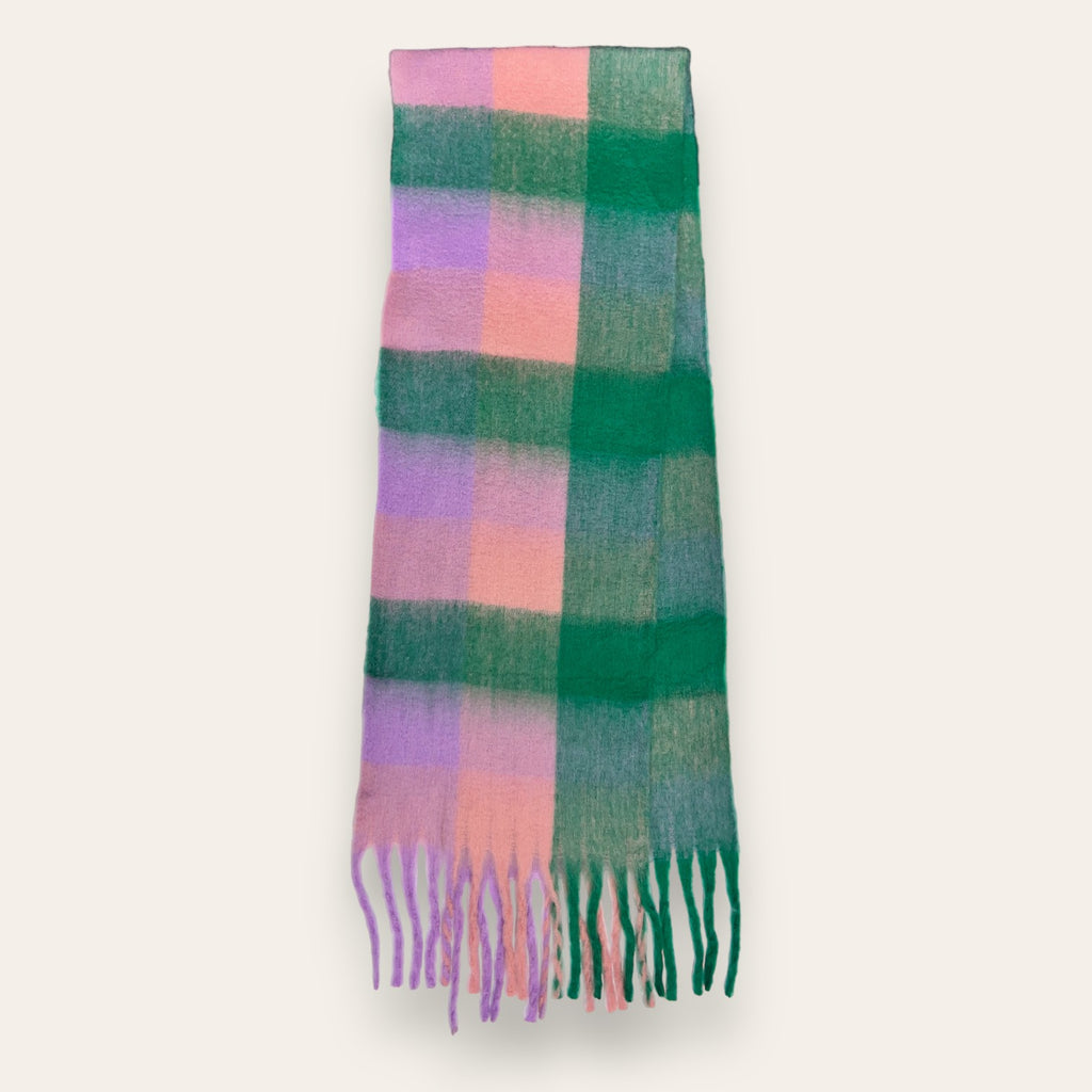 Soft Check Pink Green Multicolour Winter Scarf With Tassels