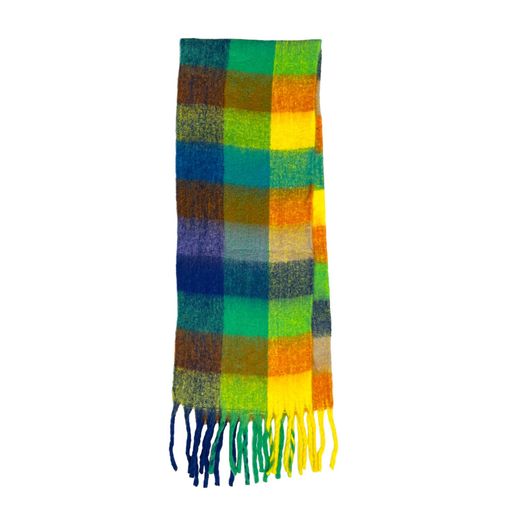 Soft Check Green Multicolour Winter Scarf With Tassels