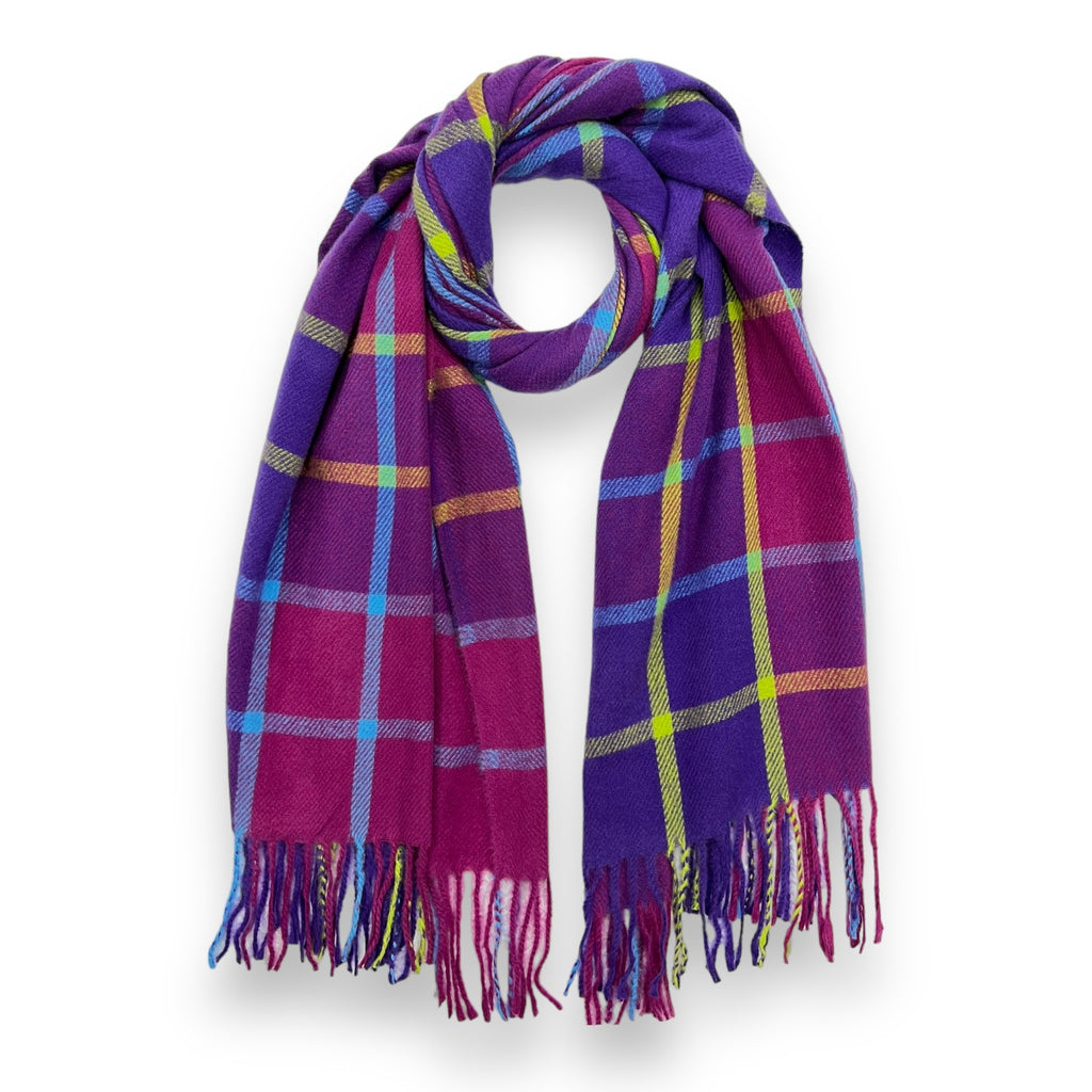 Colourful Purple Check Scarf With Tassels