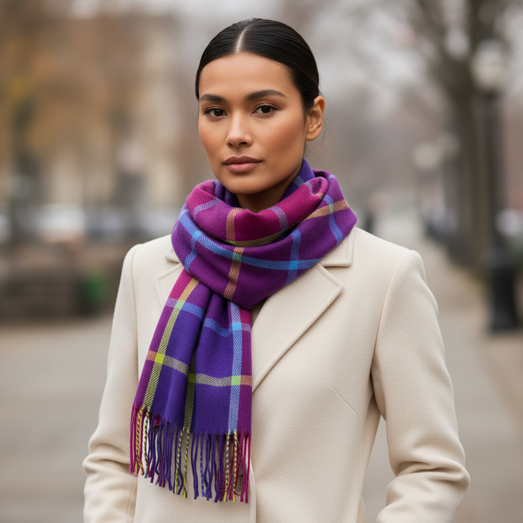 Colourful Purple Check Scarf With Tassels