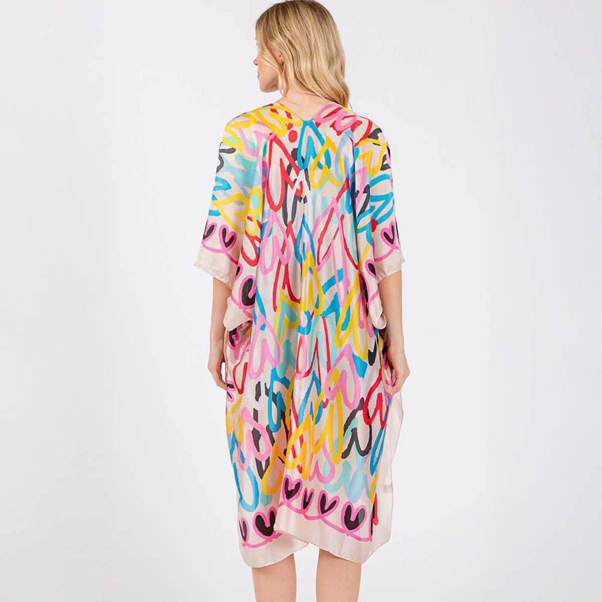 Kimono Cover Up Beige Multi Coloured Heart Print Silky Feel - SKRF
