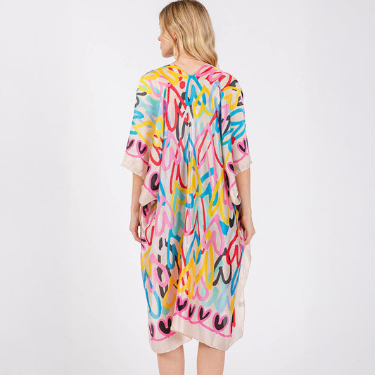 Kimono Cover Up Beige Multi Coloured Heart Print Silky Feel - SKRF