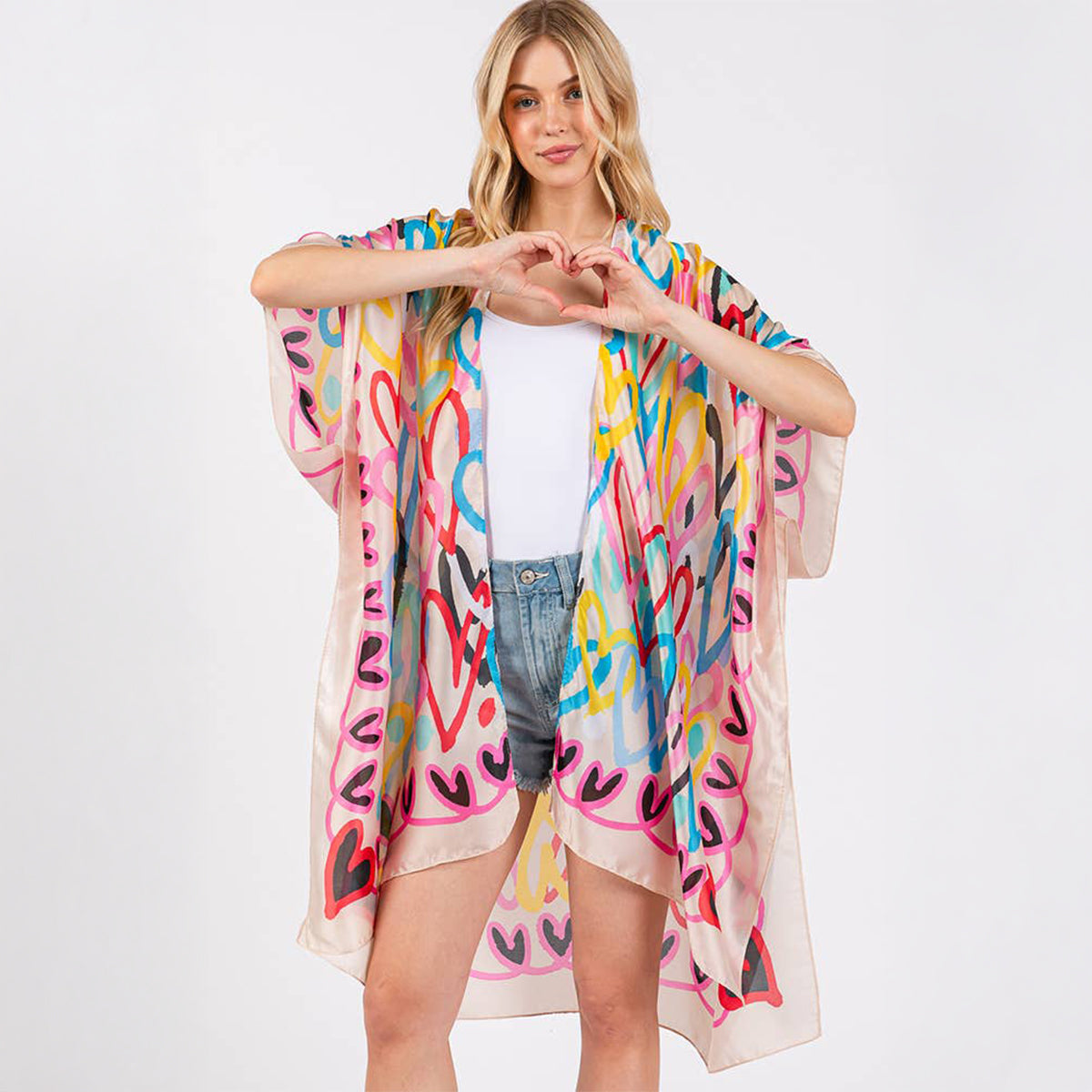 Kimono Cover Up Beige Multi Coloured Heart Print Silky Feel - SKRF
