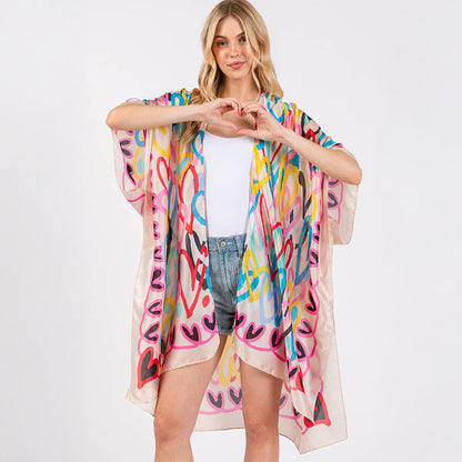 Kimono Cover Up Beige Multi Coloured Heart Print Silky Feel - SKRF