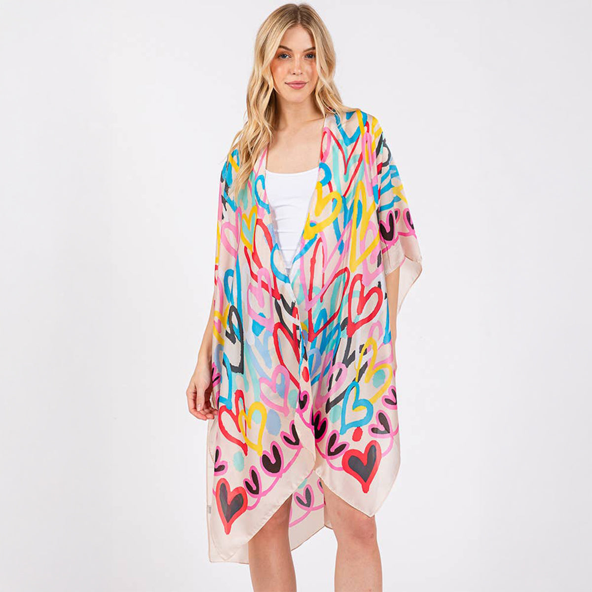 Kimono Cover Up Beige Multi Coloured Heart Print Silky Feel - SKRF