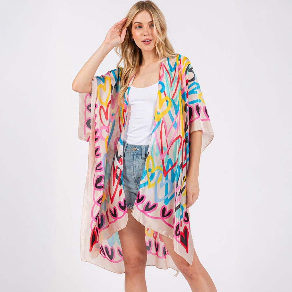 Kimono Cover Up Beige Multi Coloured Heart Print Silky Feel - SKRF