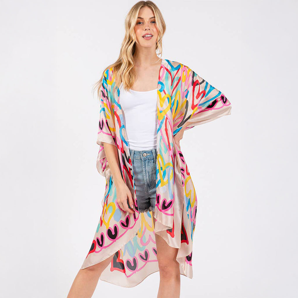 Kimono Cover Up Beige Multi Coloured Heart Print Silky Feel - SKRF