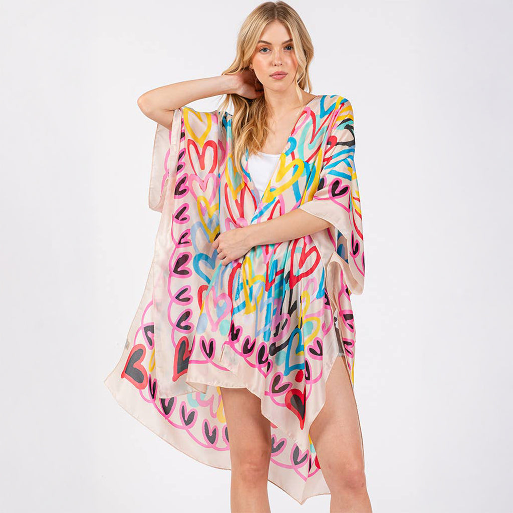 Kimono Cover Up Beige Multi Coloured Heart Print Silky Feel - SKRF