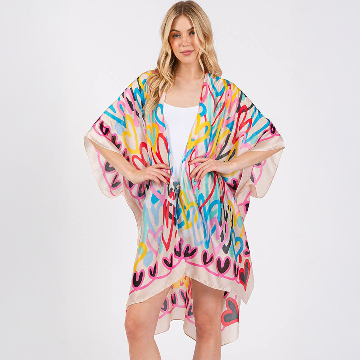 Kimono Cover Up Beige Multi Coloured Heart Print Silky Feel - SKRF